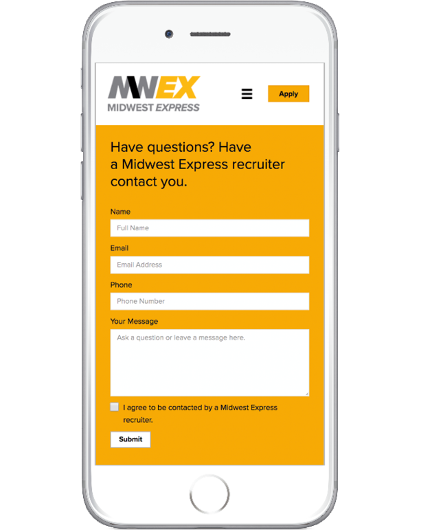 Midwest Express mobile responsive website contact form