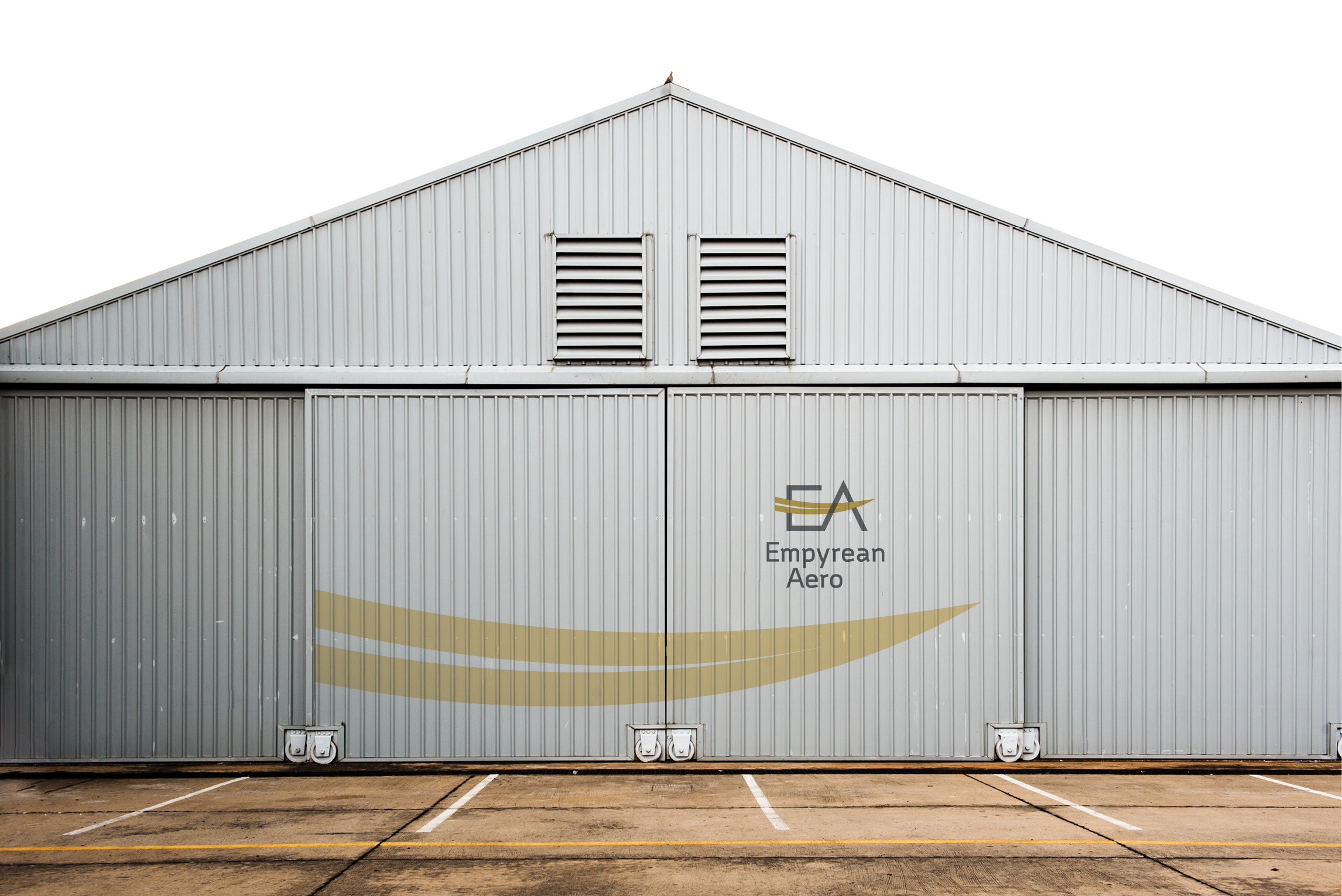 Mockup of hangar with Empyrean Aero logo on doors