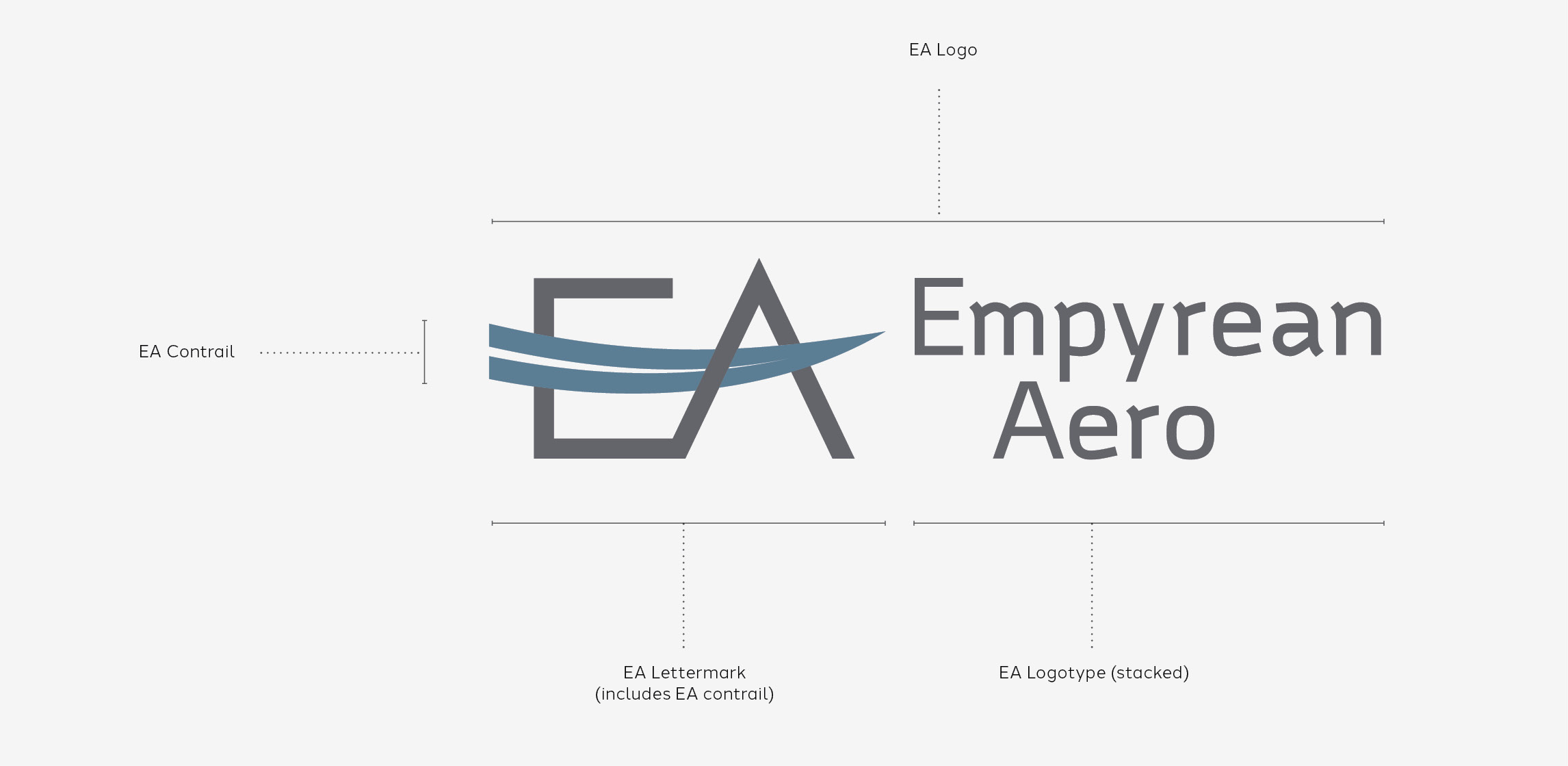 Empyrean Aero logo anatomy showing the EA contrail, lettermark, and logotype