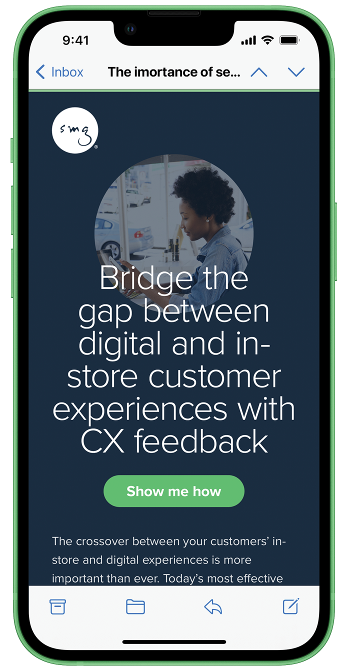 SMG digital campaign email — Bridge the gap between digital and in-store customer experiences with CX feedback