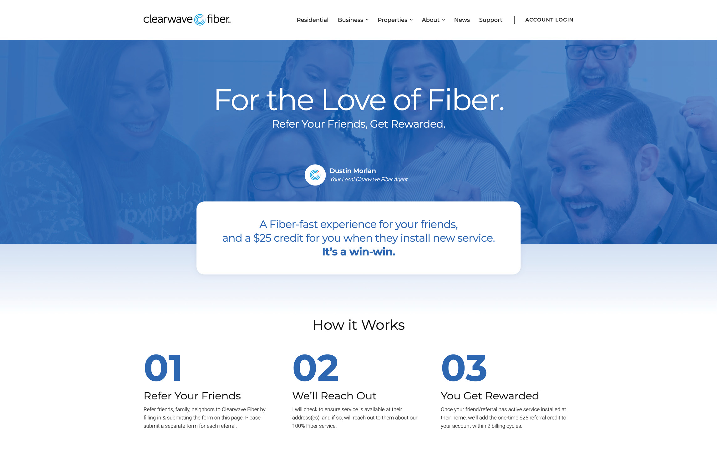 Clearewave Fiber website desktop view — referral program page