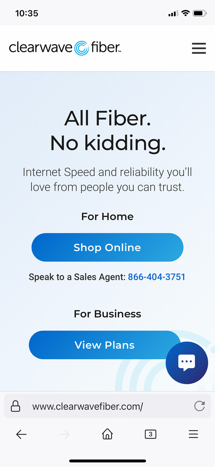 Clearewave Fiber website mobile view — home page