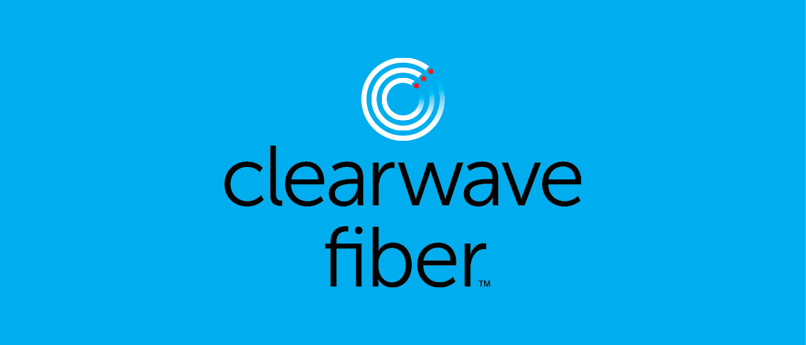 Clearewave Fiber logo — white, red, and black on cyan
